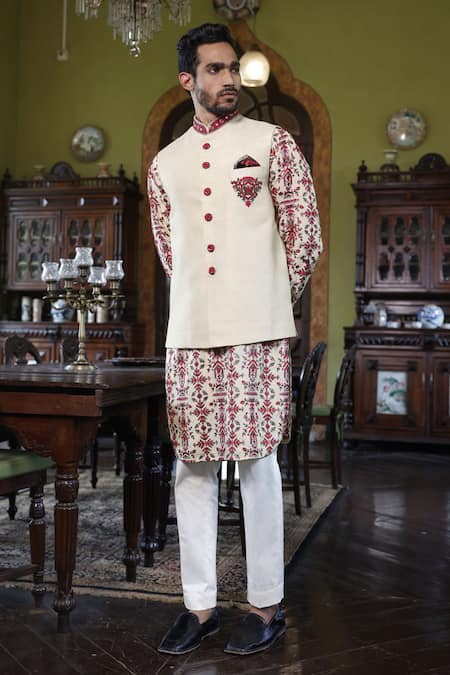 Vikram Phadnis Raw Silk Thread Work Bundi & Kurta Set 