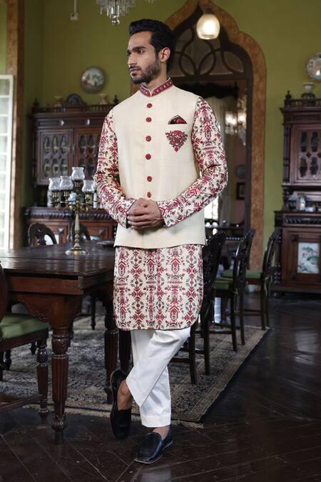Vikram Phadnis Ivory Bundi And Kurta Raw Silk Embroidery Resham Thread Work & Set Online at Aza Fashions Vikram Phadnis_Ivory Bundi And Kurta Raw Silk Embroidery Resham Thread Work & Set _Online_at_Aza_Fashions