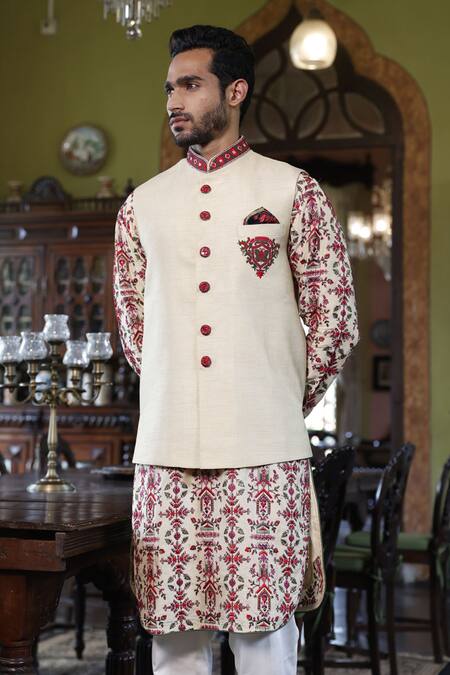 Buy Vikram Phadnis Ivory Bundi And Kurta Raw Silk Embroidery Resham Thread Work & Set Online at Aza Fashions Buy_Vikram Phadnis_Ivory Bundi And Kurta Raw Silk Embroidery Resham Thread Work & Set _Online_at_Aza_Fashions