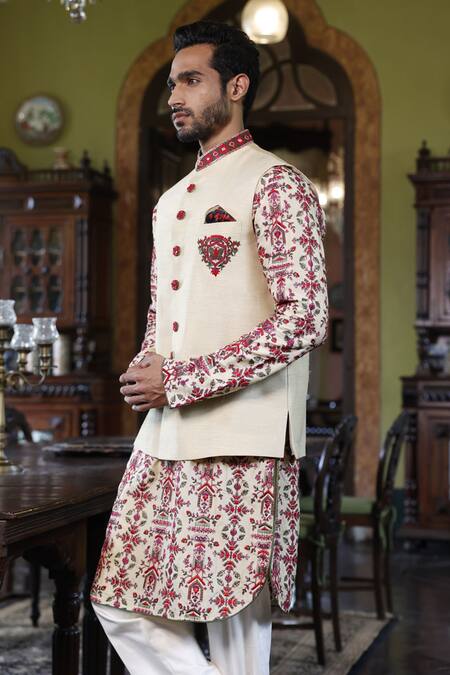 Shop Vikram Phadnis Ivory Bundi And Kurta Raw Silk Embroidery Resham Thread Work & Set Online at Aza Fashions Shop_Vikram Phadnis_Ivory Bundi And Kurta Raw Silk Embroidery Resham Thread Work & Set _Online_at_Aza_Fashions