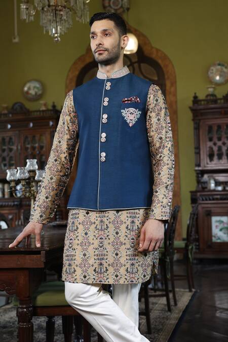 Vikram Phadnis Blue Bundi And Kurta Silk Embroidery Thread & Set Online at Aza Fashions Vikram Phadnis_Blue Bundi And Kurta Silk Embroidery Thread & Set _Online_at_Aza_Fashions