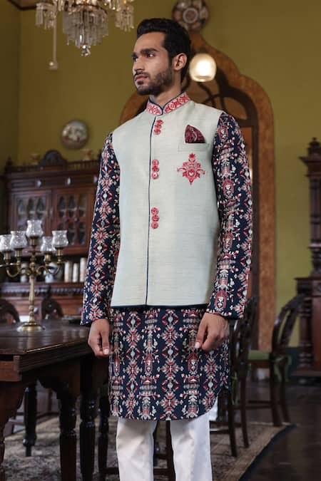 Vikram Phadnis Sage Thread Embroidered Bundi & Kurta Set 