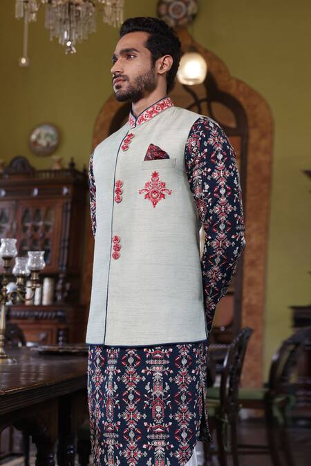 Shop_Vikram Phadnis_Green Bundi And Kurta Silk Embroidery Thread Sage & Set _Online_at_Aza_Fashions