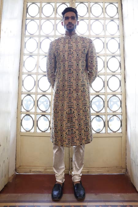 Shop Vikram Phadnis Beige Sherwani Embroidery Thread Silk Work Set at Aza Fashions Shop_Vikram Phadnis_Beige Sherwani Embroidery Thread Silk Work Set _at_Aza_Fashions