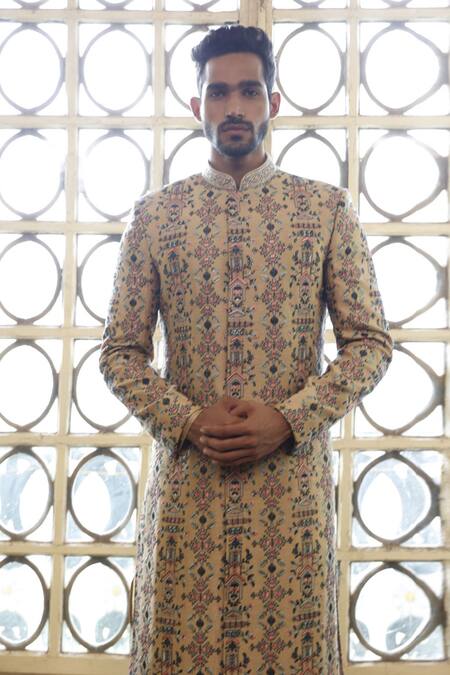 Buy Vikram Phadnis Beige Sherwani Embroidery Thread Silk Work Set Online at Aza Fashions Buy_Vikram Phadnis_Beige Sherwani Embroidery Thread Silk Work Set _Online_at_Aza_Fashions