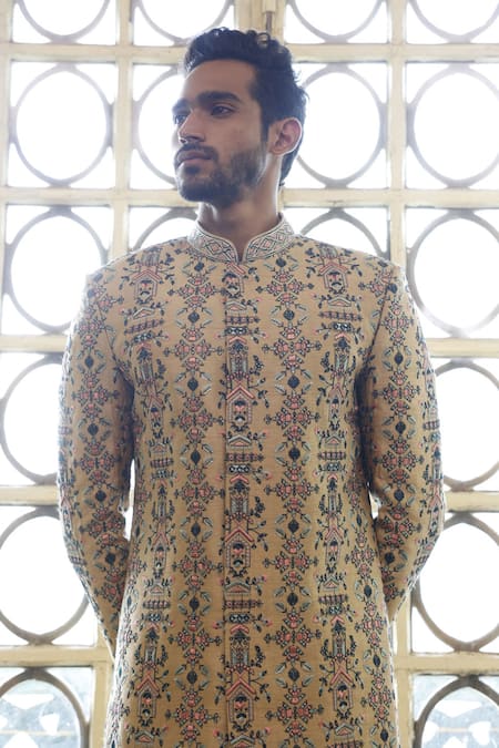 Shop Vikram Phadnis Beige Sherwani Embroidery Thread Silk Work Set Online at Aza Fashions Shop_Vikram Phadnis_Beige Sherwani Embroidery Thread Silk Work Set _Online_at_Aza_Fashions