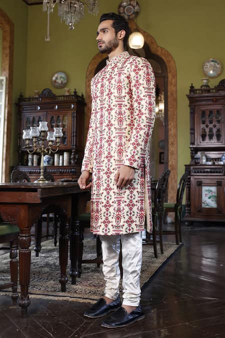 Shop Vikram Phadnis Ivory Sherwani Embroidery Thread Silk Geometric Set at Aza Fashions Shop_Vikram Phadnis_Ivory Sherwani Embroidery Thread Silk Geometric Set _at_Aza_Fashions