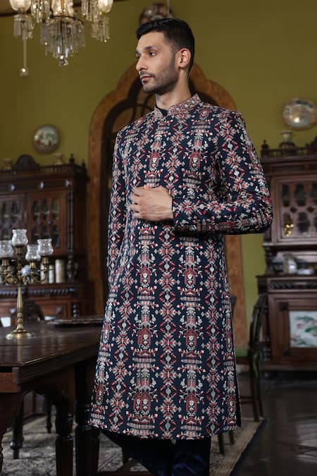 Shop Vikram Phadnis Blue Sherwani Embroidery Thread Silk Abstract Set at Aza Fashions Shop_Vikram Phadnis_Blue Sherwani Embroidery Thread Silk Abstract Set _at_Aza_Fashions