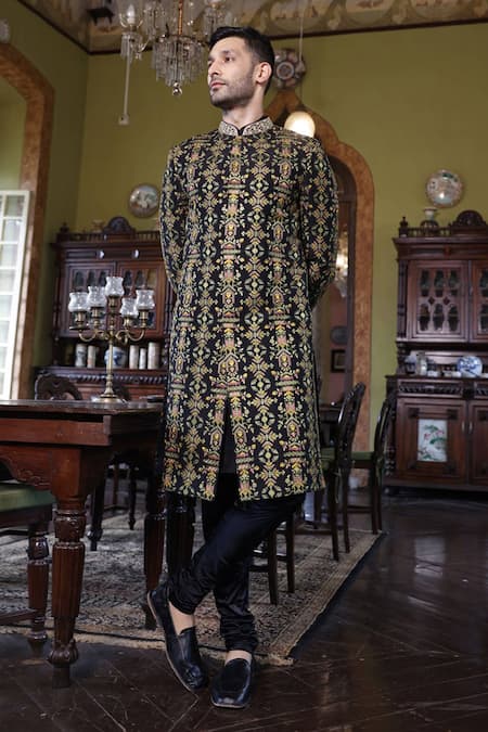 Shop Vikram Phadnis Black Sherwani Embroidery Thread Silk Work Churidar Set at Aza Fashions Shop_Vikram Phadnis_Black Sherwani Embroidery Thread Silk Work Churidar Set _at_Aza_Fashions