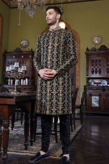 Vikram Phadnis Black Sherwani Embroidery Thread Silk Work Churidar Set Online at Aza Fashions Vikram Phadnis_Black Sherwani Embroidery Thread Silk Work Churidar Set _Online_at_Aza_Fashions