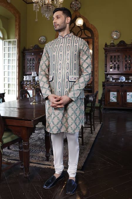 Shop Vikram Phadnis Green Bundi And Kurta Silk Embroidery Zari Sage & Set at Aza Fashions Shop_Vikram Phadnis_Green Bundi And Kurta Silk Embroidery Zari Sage & Set _at_Aza_Fashions