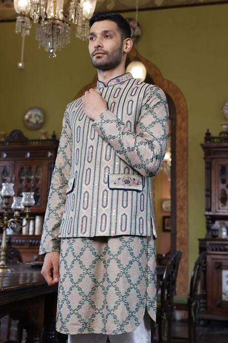 Buy Vikram Phadnis Green Bundi And Kurta Silk Embroidery Zari Sage & Set Online at Aza Fashions Buy_Vikram Phadnis_Green Bundi And Kurta Silk Embroidery Zari Sage & Set _Online_at_Aza_Fashions