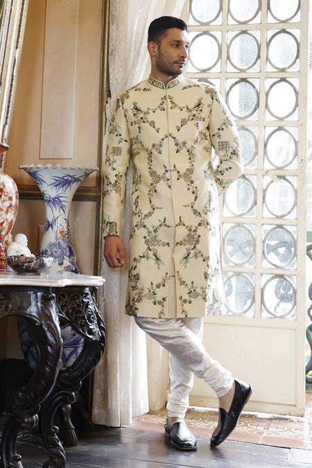 Vikram Phadnis Ivory Sherwani Embroidery Thread Silk Set 