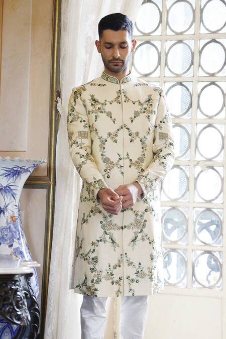 Vikram Phadnis Ivory Sherwani Embroidery Thread Silk Set Online at Aza Fashions Vikram Phadnis_Ivory Sherwani Embroidery Thread Silk Set _Online_at_Aza_Fashions