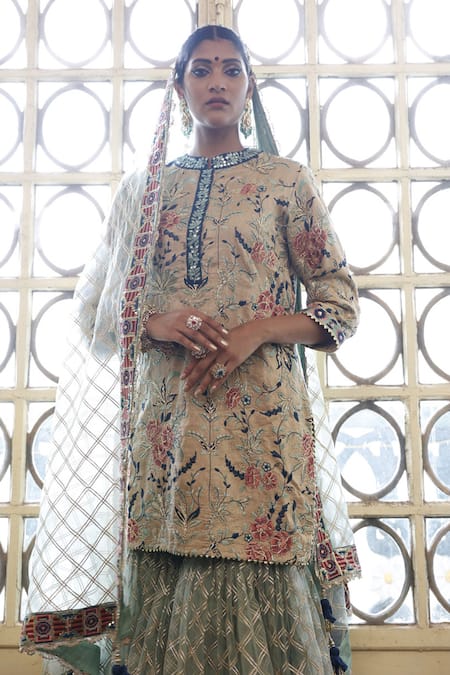Vikram Phadnis Beige Silk, Net Embroidery, Tassels Round Neck Bloom Garden Kurta Sharara Set Online at Aza Fashions Vikram Phadnis_Beige Silk, Net Embroidery, Tassels Round Neck Bloom Garden Kurta Sharara Set _Online_at_Aza_Fashions