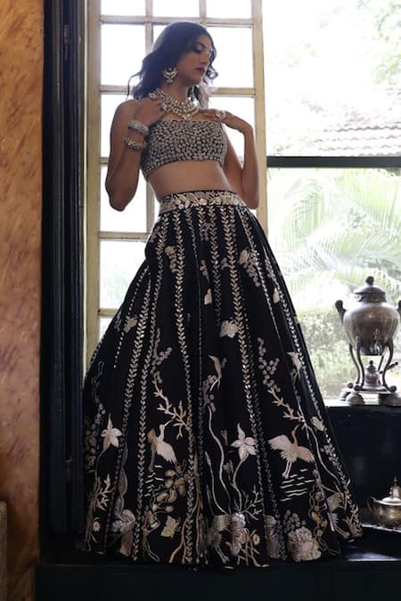 Vikram Phadnis_Black Silk Embroidery Thread Square Bird Paradise Lehenga With Bustier _Online_at_Aza_Fashions