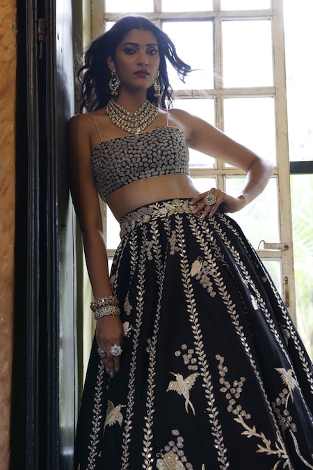 Black Beads and Sequins work Crop Top Lehenga – Seasons Chennai