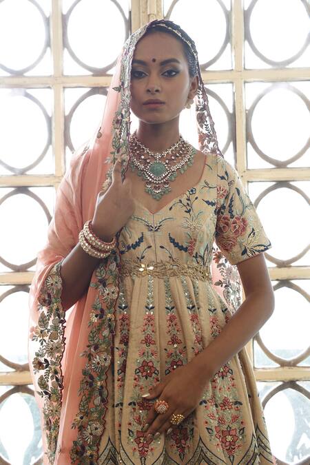 Vikram Phadnis Beige Anarkali New Raw Silk Embroidery Thread Sweetheart Neck Gardenia Set Online at Aza Fashions Vikram Phadnis_Beige Anarkali New Raw Silk Embroidery Thread Sweetheart Neck Gardenia Set _Online_at_Aza_Fashions