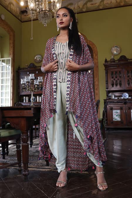 Vikram Phadnis Multi Color Cape Organza Embroidery Metallic Geometric Print Salwar Set 