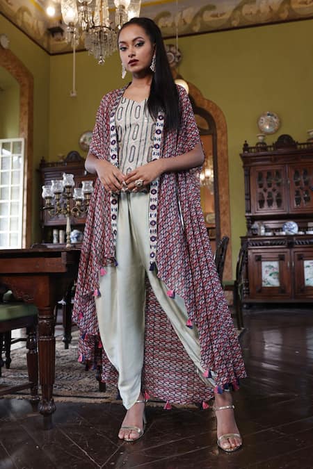 Shop Vikram Phadnis Multi Color Cape Organza Embroidery Metallic Geometric Print Salwar Set at Aza Fashions Shop_Vikram Phadnis_Multi Color Cape Organza Embroidery Metallic Geometric Print Salwar Set _at_Aza_Fashions