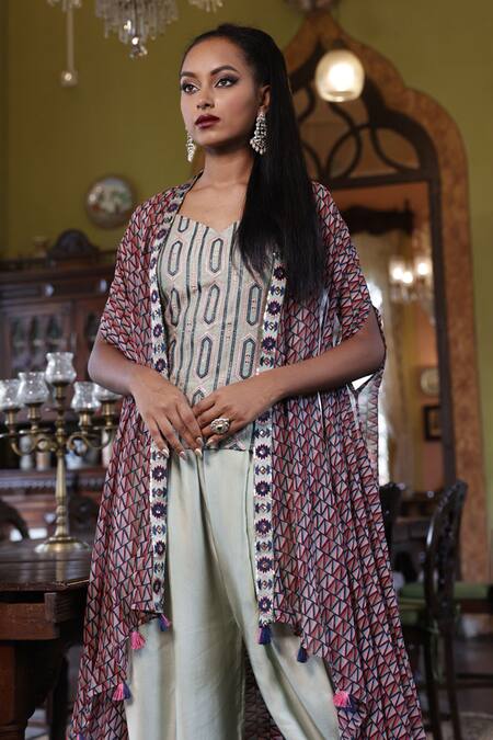 Vikram Phadnis Multi Color Cape Organza Embroidery Metallic Geometric Print Salwar Set Online at Aza Fashions Vikram Phadnis_Multi Color Cape Organza Embroidery Metallic Geometric Print Salwar Set _Online_at_Aza_Fashions