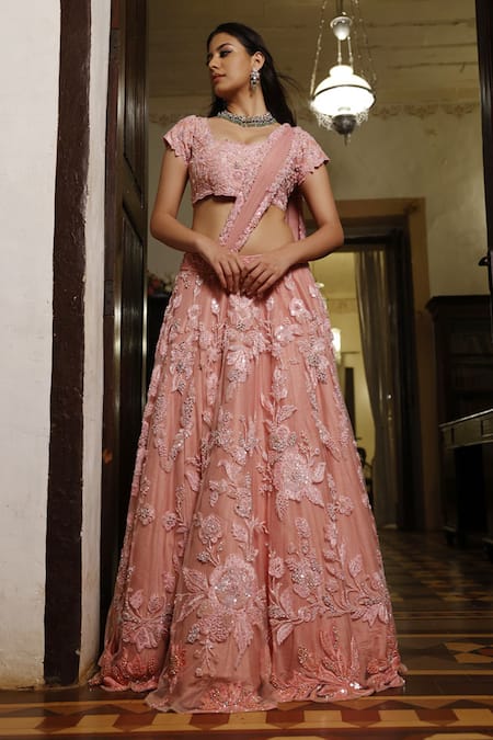 Shop Vikram Phadnis Pink Lehenga Net Embroidery Sequin Square Petunia Bloom With Blouse at Aza Fashions Shop_Vikram Phadnis_Pink Lehenga Net Embroidery Sequin Square Petunia Bloom With Blouse _at_Aza_Fashions