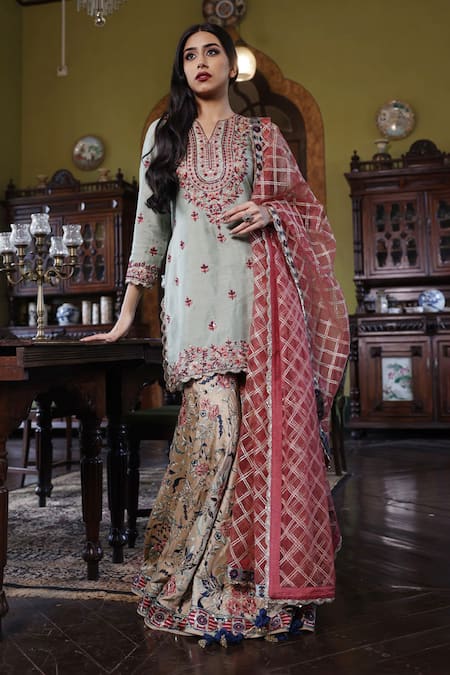 Vikram Phadnis Green Kurta Silk Embroidery Wildflora Garden Notched V Sharara Set 