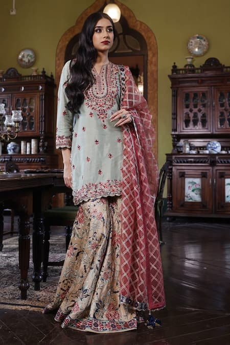 Shop Vikram Phadnis Green Kurta Silk Embroidery Wildflora Garden Notched V Sharara Set at Aza Fashions Shop_Vikram Phadnis_Green Kurta Silk Embroidery Wildflora Garden Notched V Sharara Set _at_Aza_Fashions