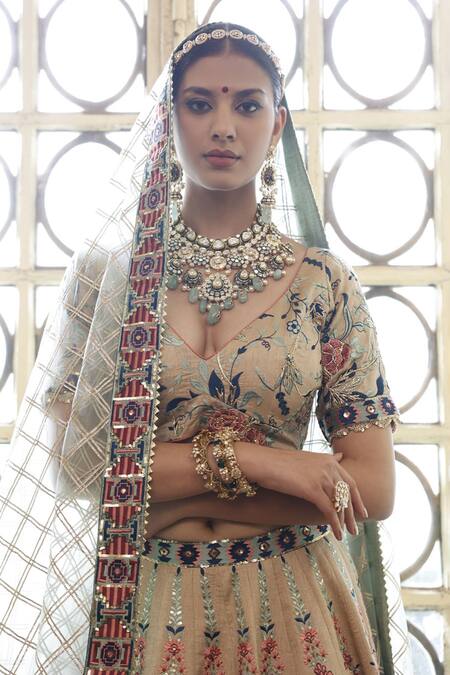 Buy Vikram Phadnis Green Lehenga And Blouse New Raw Silk Embroidery Thread Mughal Bloom Bridal Set Online at Aza Fashions Buy_Vikram Phadnis_Green Lehenga And Blouse New Raw Silk Embroidery Thread Mughal Bloom Bridal Set _Online_at_Aza_Fashions