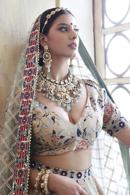 Shop Vikram Phadnis Green Lehenga And Blouse New Raw Silk Embroidery Thread Mughal Bloom Bridal Set Online at Aza Fashions Shop_Vikram Phadnis_Green Lehenga And Blouse New Raw Silk Embroidery Thread Mughal Bloom Bridal Set _Online_at_Aza_Fashions