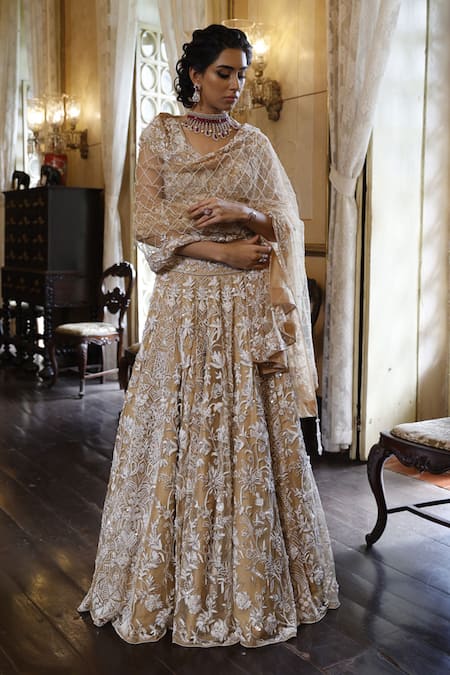 Vikram Phadnis Beige Net Embroidery Cut Dana V Neck Blossom Bridal Lehenga Set 