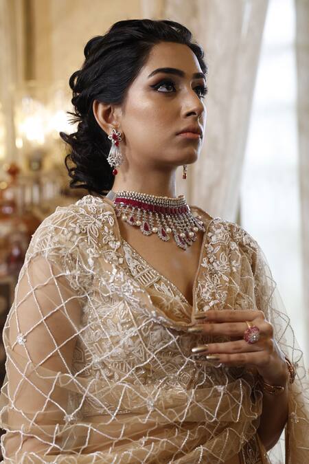 Buy Vikram Phadnis Beige Net Embroidery Cut Dana V Neck Blossom Bridal Lehenga Set Online at Aza Fashions Buy_Vikram Phadnis_Beige Net Embroidery Cut Dana V Neck Blossom Bridal Lehenga Set _Online_at_Aza_Fashions