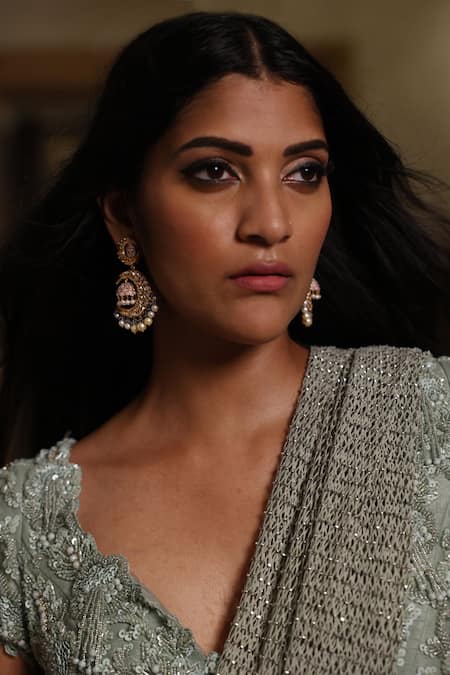 Buy Vikram Phadnis Green Saree Georgette Embroidery V Neck Mesh Pallu Pre-draped With Blouse Online at Aza Fashions Buy_Vikram Phadnis_Green Saree Georgette Embroidery V Neck Mesh Pallu Pre-draped With Blouse _Online_at_Aza_Fashions