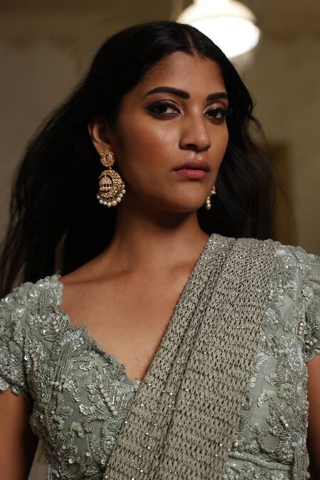 Shop Vikram Phadnis Green Saree Georgette Embroidery V Neck Mesh Pallu Pre-draped With Blouse Online at Aza Fashions Shop_Vikram Phadnis_Green Saree Georgette Embroidery V Neck Mesh Pallu Pre-draped With Blouse _Online_at_Aza_Fashions