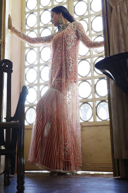 Buy_Vikram Phadnis_Peach Net Embroidery Beads Semi Round Neck Rafflesia Cape Sharara Set _Online_at_Aza_Fashions