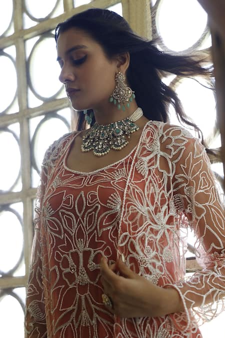 Shop_Vikram Phadnis_Peach Net Embroidery Beads Semi Round Neck Rafflesia Cape Sharara Set _Online_at_Aza_Fashions