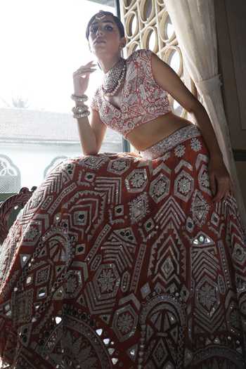Vikram Phadnis Geometric Flora Art Embroidered Bridal Lehenga Set 