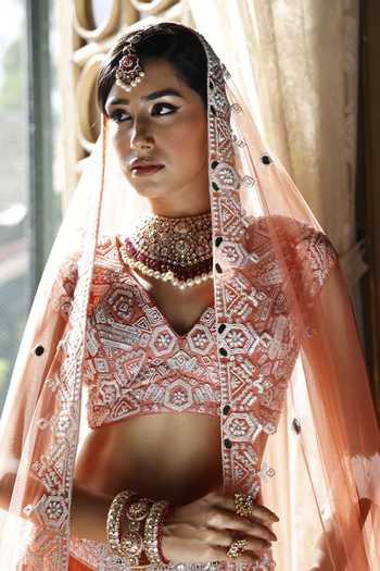 Vikram Phadnis Peach Net Embroidery Beads V Neck Geometric Flora Art Bridal Lehenga Set Online at Aza Fashions Vikram Phadnis_Peach Net Embroidery Beads V Neck Geometric Flora Art Bridal Lehenga Set _Online_at_Aza_Fashions