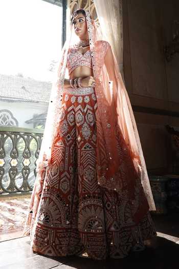 Shop Vikram Phadnis Peach Net Embroidery Beads V Neck Geometric Flora Art Bridal Lehenga Set Online at Aza Fashions Shop_Vikram Phadnis_Peach Net Embroidery Beads V Neck Geometric Flora Art Bridal Lehenga Set _Online_at_Aza_Fashions