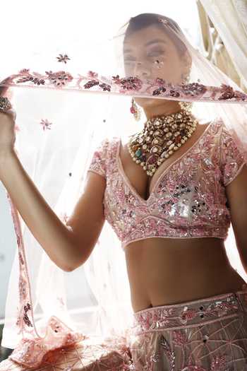 Buy_Vikram Phadnis_Pink Net Embroidery Beads Sweetheart Neck Peony Bloom Bridal Lehenga Set _Online_at_Aza_Fashions