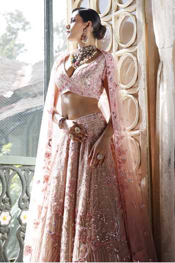 Shop_Vikram Phadnis_Pink Net Embroidery Beads Sweetheart Neck Peony Bloom Bridal Lehenga Set _Online_at_Aza_Fashions