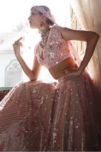 Buy_Vikram Phadnis_Pink Net Embroidery Beads Sweetheart Neck Peony Bloom Bridal Lehenga Set 