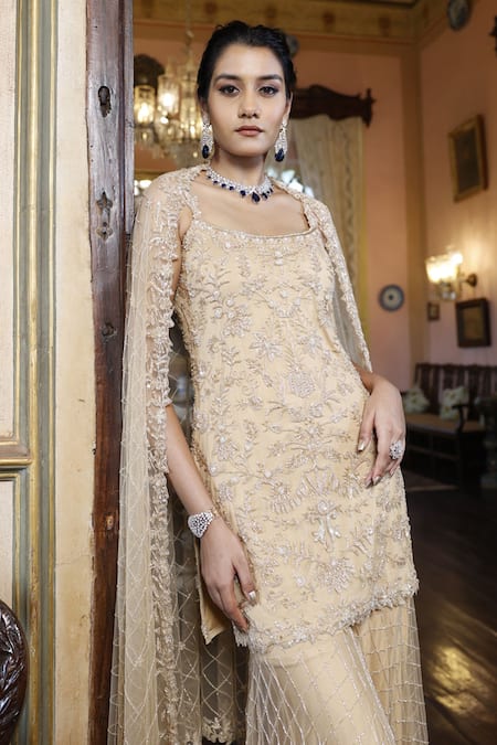 Vikram Phadnis_Beige Net Embroidery Sequin Square Iris Bloom Kurta Sharara Set _Online_at_Aza_Fashions