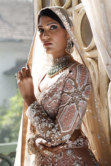 Shop Vikram Phadnis Beige Net Embroidery Sweetheart Neck Flora Blossom Bridal Lehenga Set at Aza Fashions Shop_Vikram Phadnis_Beige Net Embroidery Sweetheart Neck Flora Blossom Bridal Lehenga Set _at_Aza_Fashions