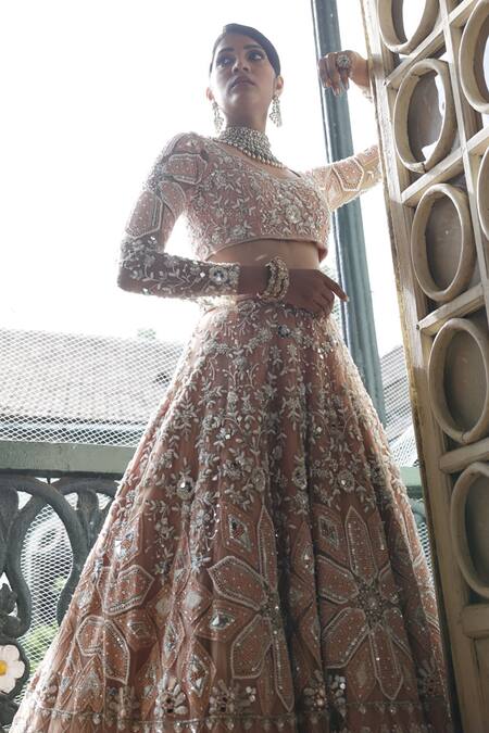 Buy Vikram Phadnis Beige Net Embroidery Sweetheart Neck Flora Blossom Bridal Lehenga Set Online at Aza Fashions Buy_Vikram Phadnis_Beige Net Embroidery Sweetheart Neck Flora Blossom Bridal Lehenga Set _Online_at_Aza_Fashions