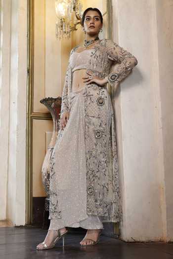Vikram Phadnis_Ivory Net Hand Embroidered Sequins Bustier Sweetheart Cape And Draped Skirt Set _Online_at_Aza_Fashions