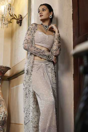 Shop_Vikram Phadnis_Ivory Net Hand Embroidered Sequins Bustier Sweetheart Cape And Draped Skirt Set _Online_at_Aza_Fashions