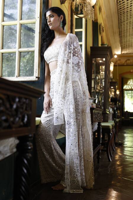 Vikram Phadnis_Ivory Net Hand Embroidered Sequins Bustier Cape With Bell Bottom Pant Set _Online_at_Aza_Fashions
