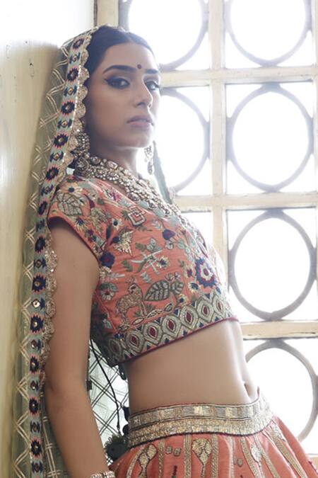 Vikram Phadnis Peach Lehenga And Blouse Silk Embroidered Threadwork In Shades Of 24 Kali Set Online at Aza Fashions Vikram Phadnis_Peach Lehenga And Blouse Silk Embroidered Threadwork In Shades Of 24 Kali Set _Online_at_Aza_Fashions