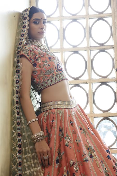 Buy Vikram Phadnis Peach Lehenga And Blouse Silk Embroidered Threadwork In Shades Of 24 Kali Set Online at Aza Fashions Buy_Vikram Phadnis_Peach Lehenga And Blouse Silk Embroidered Threadwork In Shades Of 24 Kali Set _Online_at_Aza_Fashions
